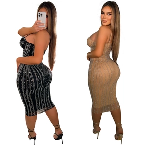 Elegant sleeveless bodycon midi dress with shimmering rhinestones in black and nude