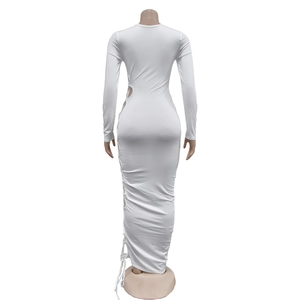 Detail of white bodycon dress featuring sexy side lace-up cutouts and drawstring ties
