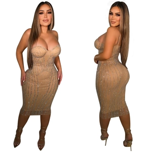Detail of nude mesh midi dress featuring rhinestones and corset boning structure