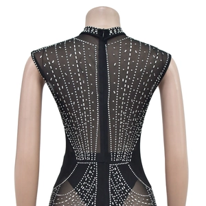 Detailed back view of sleeveless mesh bodysuit with silver rhinestones and zipper