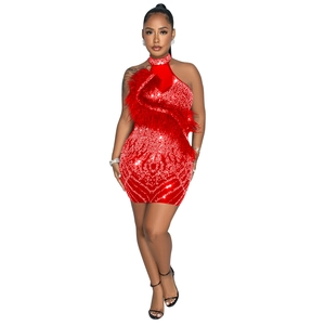 Détail de paillettes rouges et de plumes sur une mini-robe à licou élégante
