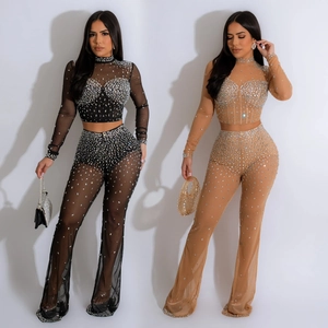 Women Mesh Sheer Top And Bottom Sparkling Rhinestone Long Sleeve Crop Top And High Waist Flare Leg Pants Elegant Club Suit