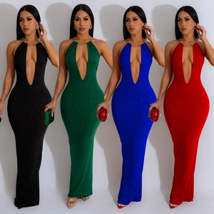 Women Elegant Bodycon Halter Deep V Backless Maxi Dress Glitter Fabric Sleeveless Split Hem Banquet Party Dress Slim Fit Gown
