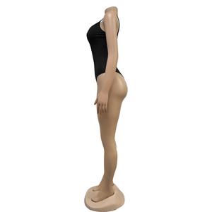 Side view of a sleek black sleeveless high-stretch bodysuit on a female mannequin