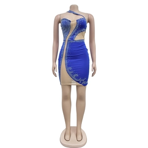 Close-up of royal blue mesh mini dress with silver rhinestone wave patterns and one-shoulder