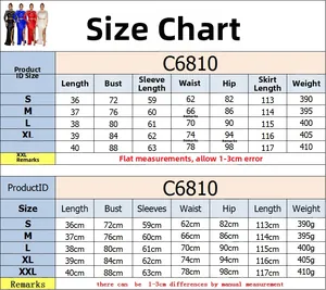 Detailed size chart for mesh sequin two-piece dress set including S-XXL measurements