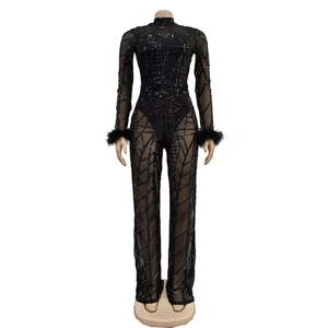Detail of sheer black mesh sleeves with glittery sequins and soft feather trim