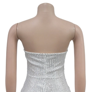 Detail view of the silver sequin dress showing the back hidden zipper and metallic texture