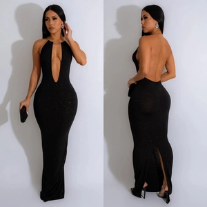 Elegant backless black sequined halter maxi dress with a deep V-neck and split hemline