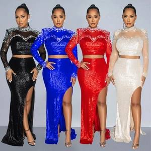 Women Elegant Sequin Mesh Crop Top And High Slit Long Skirt Glamorous Evening Party Wedding Formal Skirt Dress