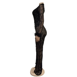 Detail of sheer black mesh bodysuit with sequins and feather trim on sleeves