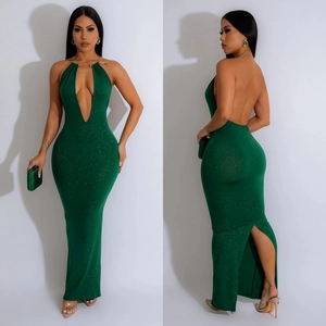 Elegant emerald green sequin maxi dress with backless halter design and side slit