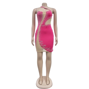 Detail of rose red bodycon dress with rhinestone embellishments and mesh patchwork
