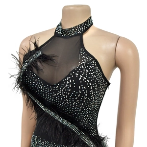 Détail de robe noire en mesh avec strass étincelants et garnitures de plumes élégantes