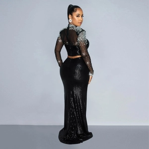 Detail of a black evening gown set with silver rhinestones and sparkling sequins back view