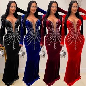 Élégante Robe de Soirée en Velours Femme Sexy Col en V Strass Sirène Maxi Formelle Fête Banquet Manches Longues Robe de Mariée