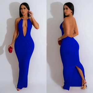 Elegant navy blue glitter halter maxi dress with backless design and back slit detail