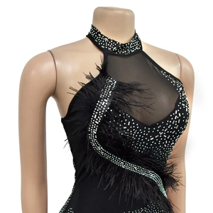 Détail d'une robe dos nu noire avec empiècement en résille, strass et bordure en plumes