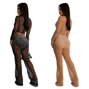 Women's 2-piece mesh set with sparkling rhinestones, long sleeve top and flared pants