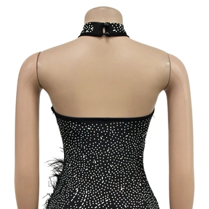 Détail du dos d'une robe noire à paillettes avec des strass brillants et des plumes