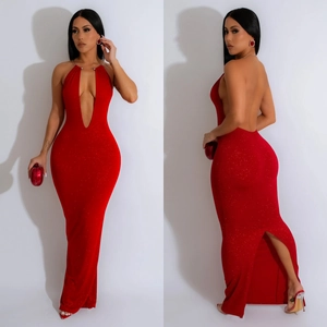 Detailed back view of a red sequin halter dress featuring a sexy backless cutout design