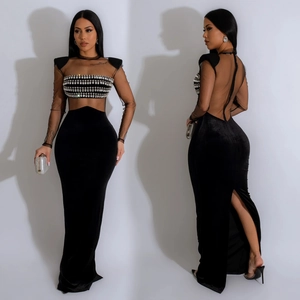 Women Elegant Black Mesh Long Sleeve Maxi Dress Glamorous Rhinestone Decoration Sexy Backless Formal Evening Party Banquet Gown