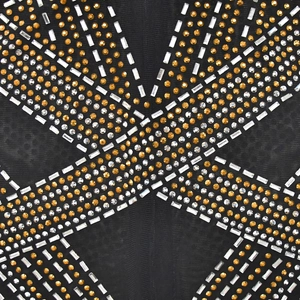 Détail du tissu en maille noire orné de clous dorés et de strass argentés brillants
