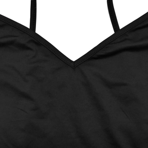 Detail shot of black V-neck camisole top featuring neat stitching and smooth elastic fabric