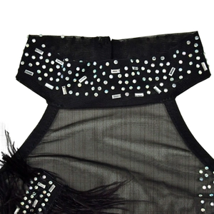 Détail du col en mesh noir orné de strass brillants et de finitions en plumes