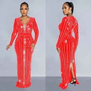 Elegant red long sleeve evening gown with silver sequins and deep V-neck floor length