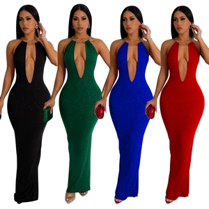 Detail of glittery fabric colors showing backless deep V-neck evening dresses