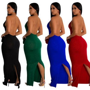 Glitter backless halter maxi dress with side slit and mermaid silhouette in four colors