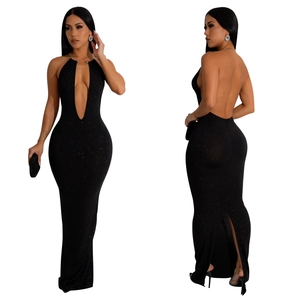 Front and back view of a slim fit black maxi dress with deep V-neck and open back design
