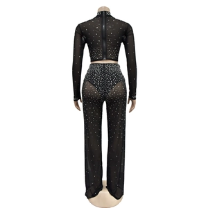 Detail of the sheer mesh back with sparkling rhinestones and visible back zipper closure