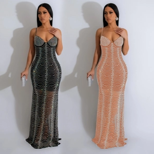 Elegant Women Rhinestone Mesh Maxi Dress Sexy Backless Bodycon Party Evening Gown Camisole Spaghetti Strap Formal Dress