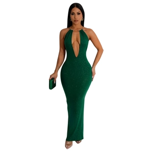 Detail of dark green halter neck maxi dress with sparkly sequin fabric and cutout design