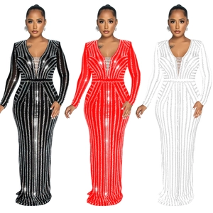 Detailed comparison of sparkling rhinestones on long-sleeve evening gowns in black, red, and white