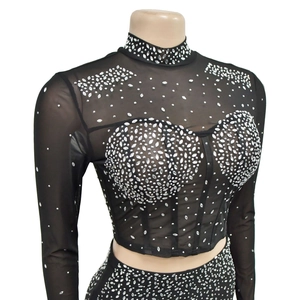 Detail of sheer black mesh long sleeve top with sparkling silver rhinestones and high collar