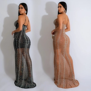 Detail of sheer mesh maxi dress with sparkling silver rhinestones and open back design