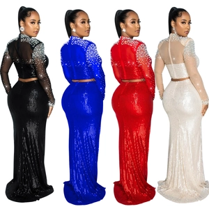 Elegant two-piece sequin mesh long sleeve evening dress set in four vibrant colors