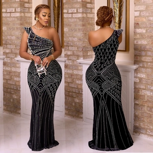 Women One Shoulder Fishtail Evening Dress Elegant Rhinestone Artificial Pearl Maxi Dress Formal Party Banquet Slim Fit Long Dress