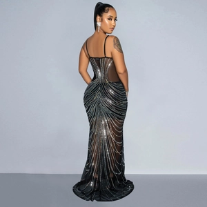 Elegant black mesh evening gown with silver rhinestones and open back floor-length design