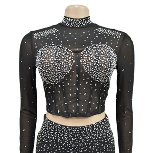 Close-up of black mesh crop top featuring dense silver rhinestones and a mock neck design