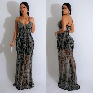 Elegant black mesh evening dress with sparkling rhinestones and fishtail silhouette