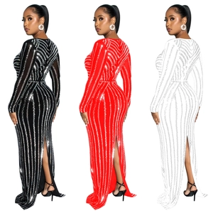 Elegant long sleeve evening gown with sparkling rhinestones and side slit in three colors