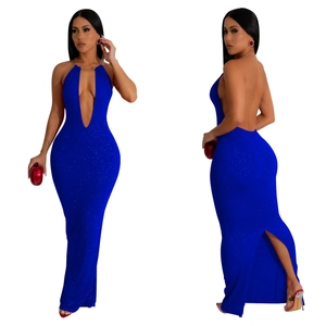 Detail of royal blue sequined maxi dress featuring a backless design and slim fit