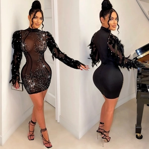 Robe Mini Moulante Élégante en Maille Noire pour Femmes avec Manches en Plumes Sexy Manches Longues Fête Soirée Robe Ajustée