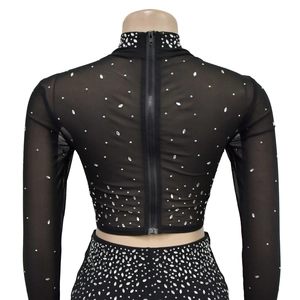 Detail of the back zipper and sparkling silver rhinestones on a black mesh long-sleeve top
