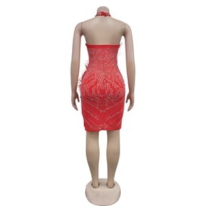 Détail de robe dos nu rouge avec strass, plumes élégantes et coupe courte ajustée
