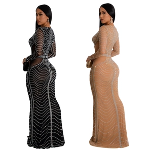 Elegant mesh long-sleeve maxi dress with wave pattern rhinestones in black and nude
